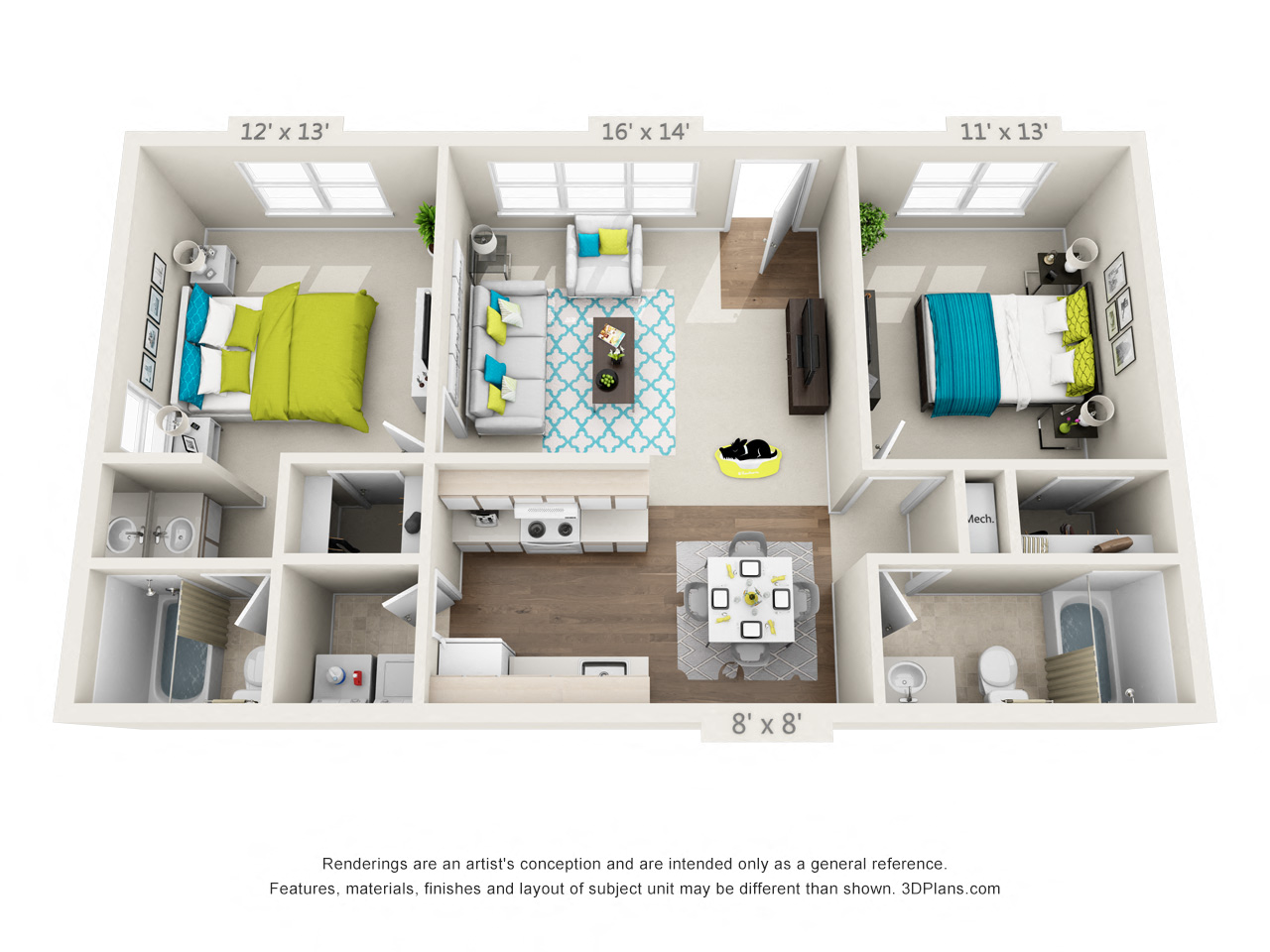 Floor plan for 2 beds, 2 baths, 900 sqft